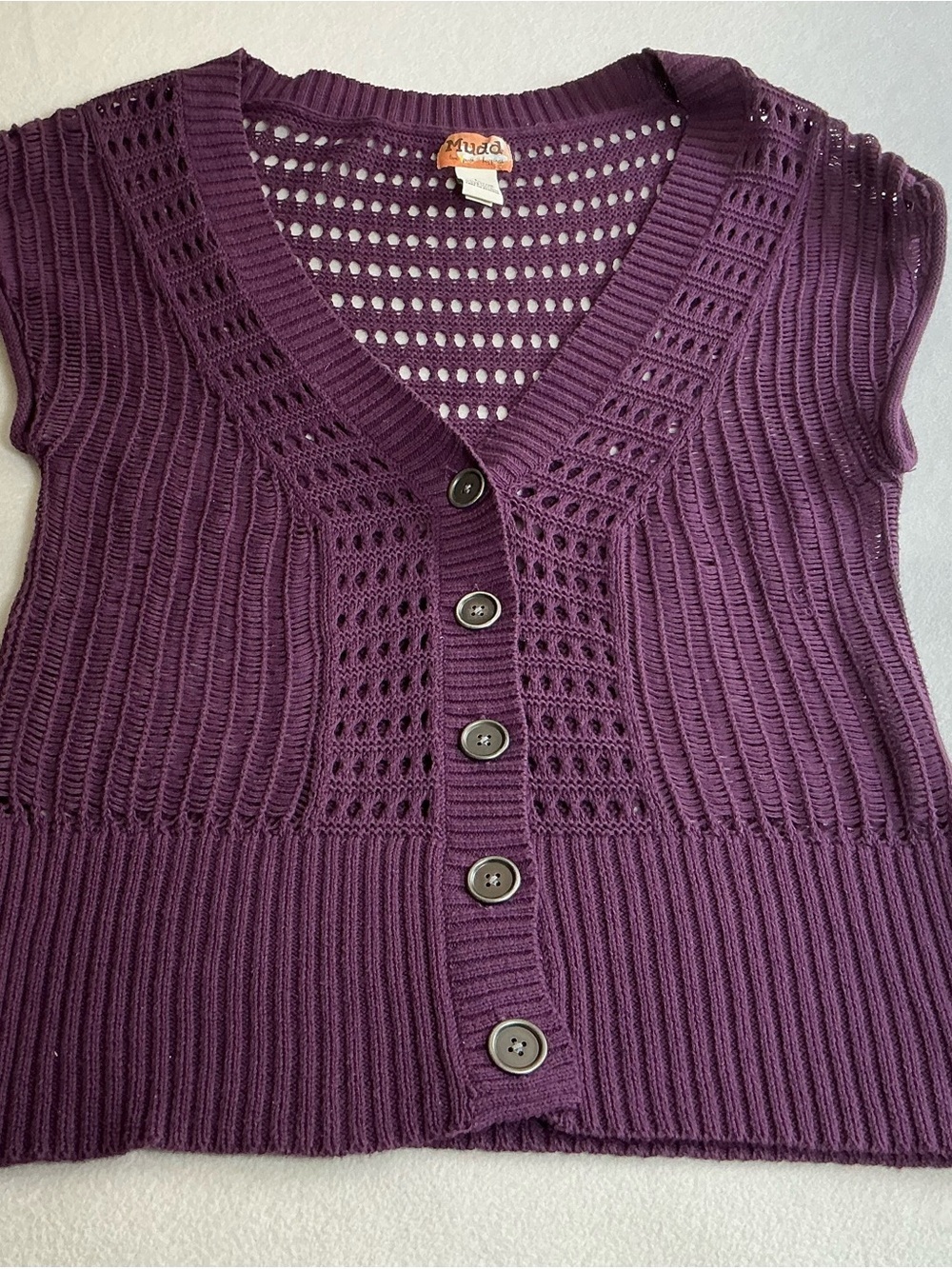 Mudd Vintage Y2K Crochet Knit Cardigan Vest L Purple Open Stitch Button Front - Picture 4 of 8